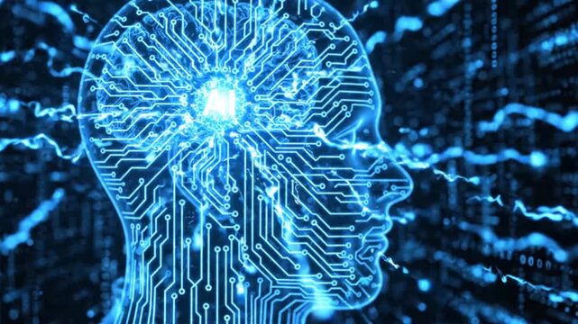 Artificial intelligence concept with digital human brain and circuit board patterns on a dark blue background