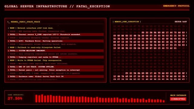 Server Kernel Panic Fatal Exception Database Corruption Error Screen.