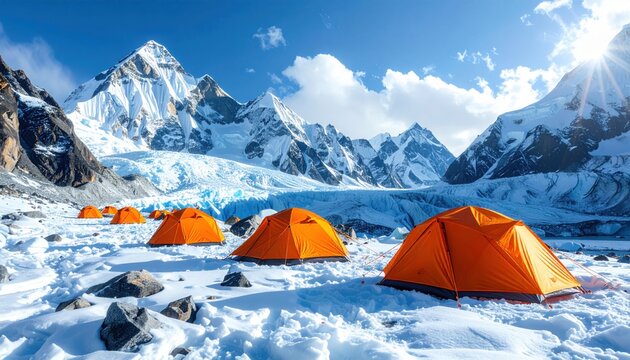 Bright orange tents stand on a vast snowy glacier surrounded by towering jagged mountain peaks under a clear blue sky