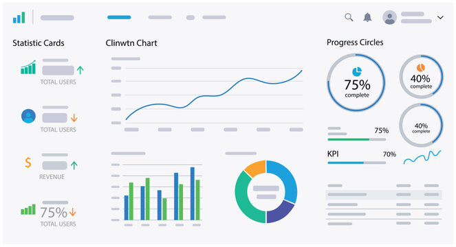 Business admin dashboard interface template with financial statistic cards data visualization charts graphs and kpi progress circles vector illustration.