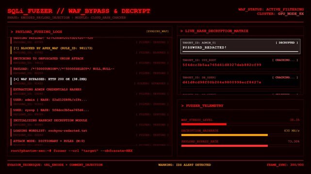 SQL Injection Fuzzer Hacking Attack WAF Bypass Password Cracking Screen.