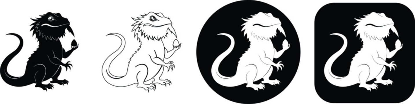 Collection of four bearded dragon lizard featuring black silhouette, line and white shapes on circular and square black backgrounds