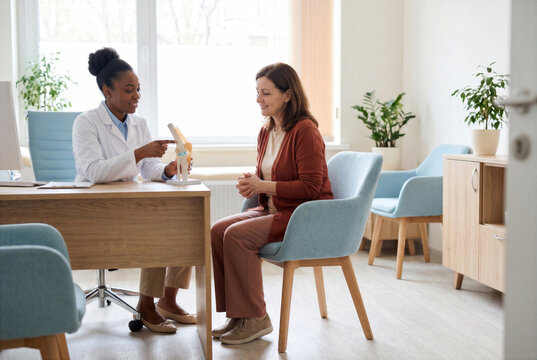 Afro American female doctor explaining a knee joint model to a patient in a medical office. Concept of arthritis diagnosis, treatment education and orthopedic healthcare