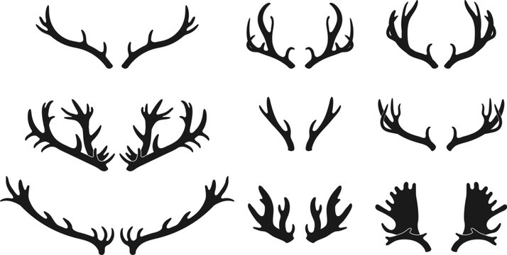 eer and elk antlers silhouettes collection vector. Black silhouettes of various animal antlers, including deer, elk, and moose. Isolated vector illustration on a white background, perfect for rustic