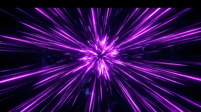 Purple light speed warp effect, neon violet motion blur lines on black background, futuristic hyperspace tunnel, glowing cosmic energy explosion