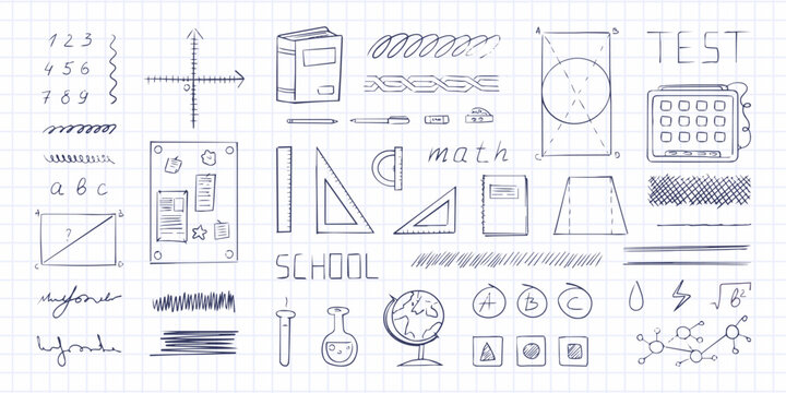 School pen and ink scribbles and drawings, freehand design elements on the grid notebook background. Vector illustrations for educational decorations. 