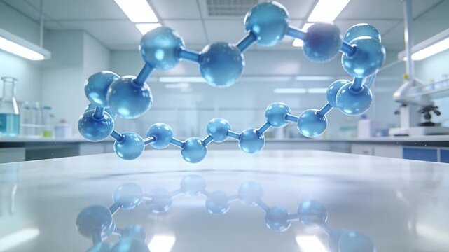 Rotating glossy blue molecular model hovering over table on play, revealing structure under lights