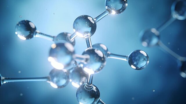 Rotating molecule drawing closer as dolly moving inward in studio, showing glass nodes and bonds