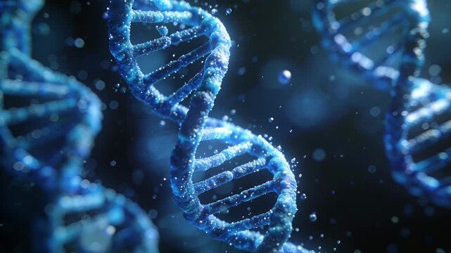 Rotating central blue DNA helix twisting in dark blue field as camera shifting, revealing texture