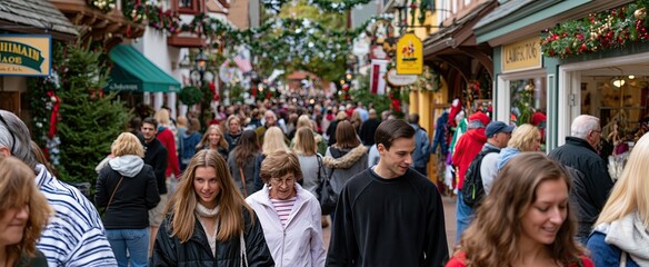 Fototapeta premium Charming shops and festive decorations brighten a lively European market street filled with holiday shoppers.
