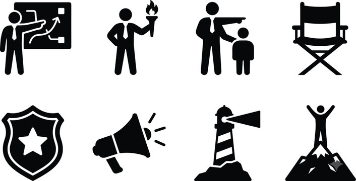 Business leadership and guidance vector icon set featuring strategic planning mentorship lighthouse and success symbols