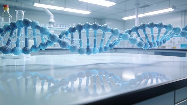 Sequence starting, blue DNA helix rotating, drifting above shiny bench with glassware left for demo