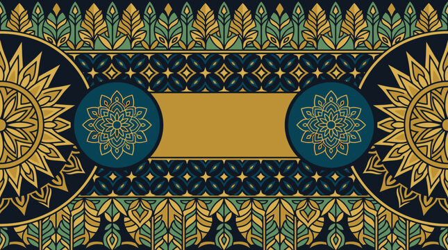 Fondo decorativo con patr&oacute;n ornamental estilo mandala en tonos azul oscuro y dorado con espacio central para texto, dise&ntilde;o elegante para invitaciones o tarjetas de felicitaci&oacute;n.