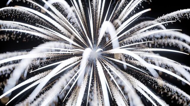 Bursting after shell burst white firework sending streaks in night sky with spark trails for event