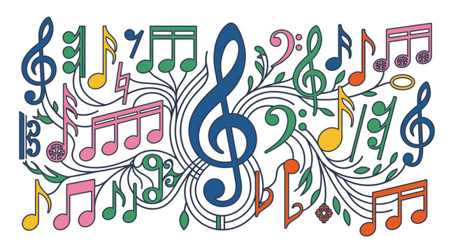 Ilustraci&oacute;n art&iacute;stica con notas musicales coloridas y elementos florales entrelazados que simbolizan la armon&iacute;a, la creatividad y la melod&iacute;a en un dise&ntilde;o decorativo vibrante