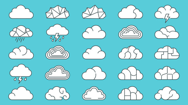 Conjunto de iconos de nubes de estilo lineal sobre fondo azul claro, que incluye diversos dise&ntilde;os geom&eacute;tricos, abstractos y meteorol&oacute;gicos para aplicaciones digitales y dise&ntilde;o gr&aacute;fico.