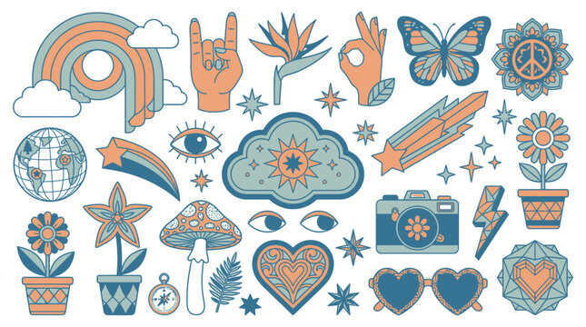 Conjunto de pegatinas retro con elementos bohemios, arco&iacute;ris, flores, mariposas, corazones y s&iacute;mbolos m&iacute;sticos en tonos pastel azul y naranja sobre fondo blanco para dise&ntilde;o gr&aacute;fico.