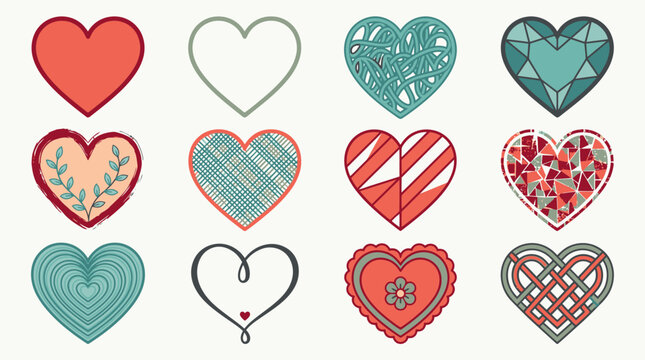 Colecci&oacute;n de doce iconos de corazones decorativos con diversos estilos art&iacute;sticos, patrones geom&eacute;tricos y texturas rom&aacute;nticas sobre un fondo blanco limpio para dise&ntilde;o gr&aacute;fico.