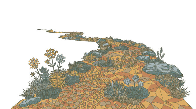 Ilustraci&oacute;n art&iacute;stica de un camino de piedra serpenteante rodeado de flores silvestres y rocas, con estilo de dibujo lineal y colores c&aacute;lidos, aislado sobre un fondo blanco puro.
