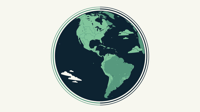 Ilustraci&oacute;n vectorial minimalista de un globo terr&aacute;queo estilizado que muestra el continente americano en tonos verdes y azul oscuro sobre un fondo claro, ideal para conceptos de ecolog&iacute;a y