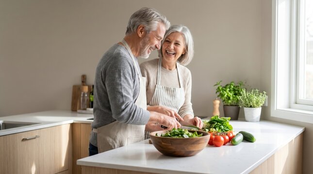 Happy Senior Couple Preparing Healthy Meal for Senior Citizen Day