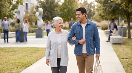 Fototapeta premium Senior Woman and Caregiver Walking Together Outdoors on World Lungs Day