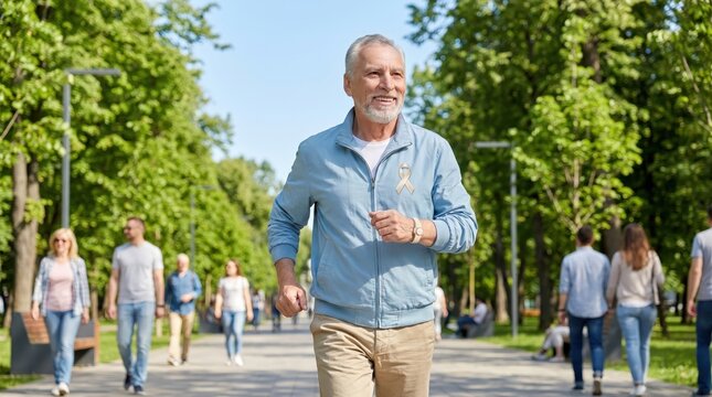 Senior Man Walking in Park, Celebrating World Lungs Day