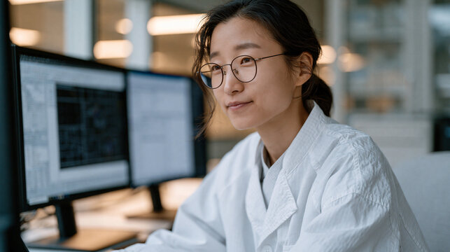 Korean aerospace engineer reviewing satellite component design on dual monitors in clean room, white lab coat, sterile environment, space technology development, advanced