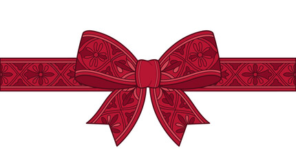 Fototapeta premium Lazo decorativo de color rojo con un elegante patrón floral ornamental sobre una cinta horizontal, ideal para envolver regalos, celebraciones navideñas y diseño festivo aislado en blanco