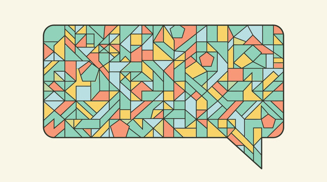 Ilustraci&oacute;n vectorial de un globo de di&aacute;logo rectangular lleno de formas geom&eacute;tricas abstractas coloridas, estilo mosaico moderno con l&iacute;neas negras sobre fondo crema claro.