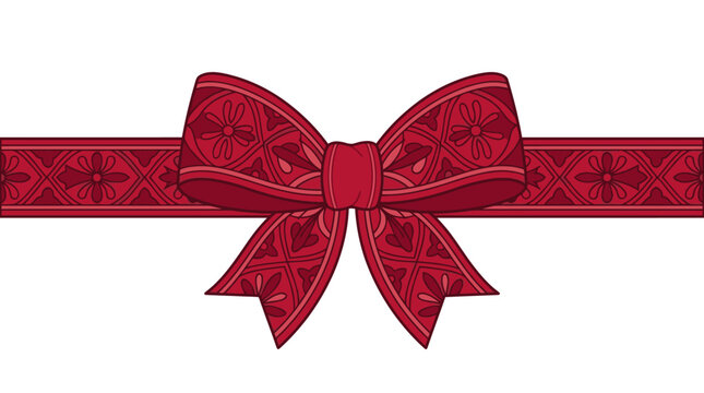 Lazo decorativo de color rojo con un elegante patr&oacute;n floral ornamental sobre una cinta horizontal, ideal para envolver regalos, celebraciones navide&ntilde;as y dise&ntilde;o festivo aislado en blanco