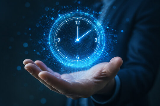 A person's hand holds a glowing, digital clock face against a dark background.