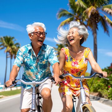 Happy senior Asian couple laughs joyfully while riding bicycles down a sunny tropical path lined with palm trees, evoking feelings of freedom, love, and a vibrant retirement.