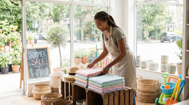Woman Arranging Towels in Shop for Summer Bank Holiday