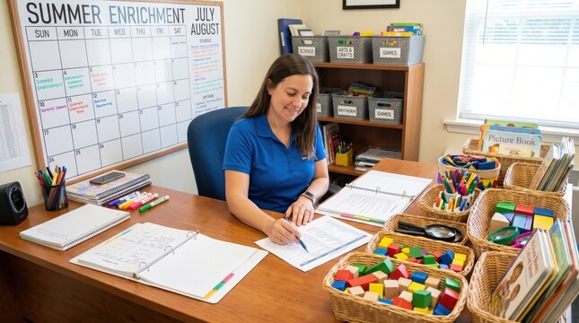 Woman Planning Summer Childcare, Camps & Activity Schedules in Office