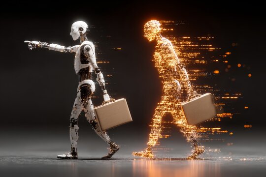 The future of work: navigating jobs with emerging ai technologies. Digital analytics. Human and machine: a modern day dilemma of employment in ai times. Virtual analytics. Neon displays.
