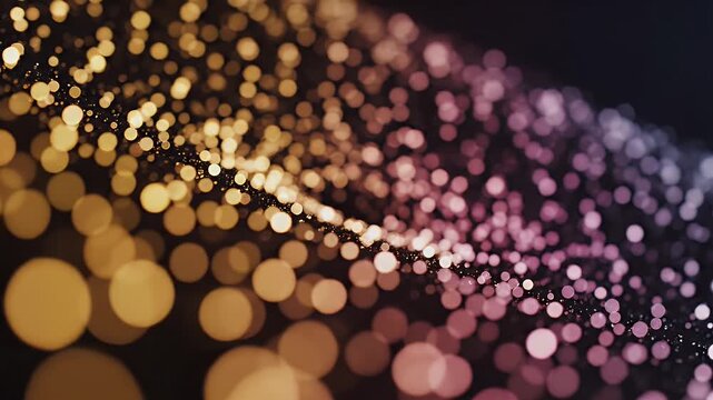 A blurred, abstract image showcases a string of warm-toned lights against a dark background, creating a dreamy and festive atmosphere.