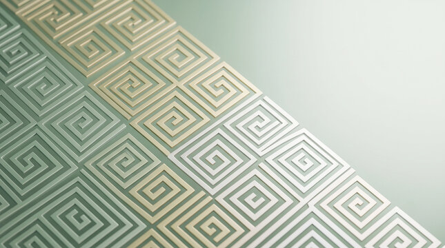 Abstract Korean traditional geometric key-fret pattern background in gold and green tones