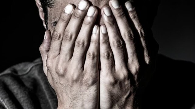 Starting palms pressing adult male covering face with hands at dark studio nails sweatshirt stubble
