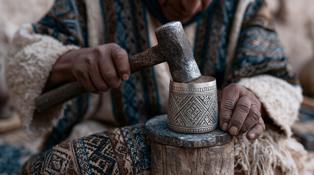 Peruvian silversmith hammering intricate pattern onto ceremonial cup workshop closeup traditional metalworking craft cultural heritage artisan skill South America small business