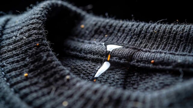 Reacting to gravity, clear droplets sliding down black knit neck seam, sewn loop, orange lint lit