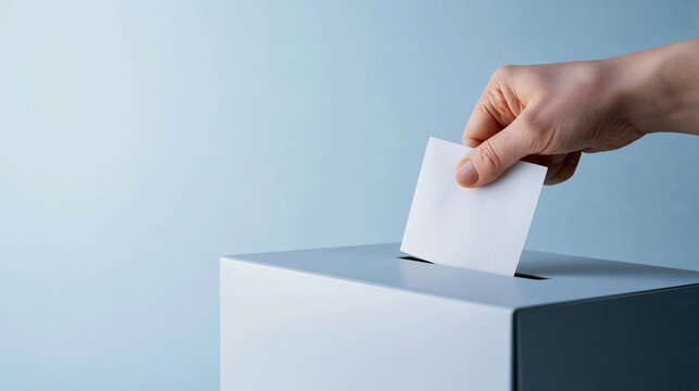  close-up on a person's hand neatly inserting a white paper ballot into a sleek