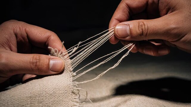 Left-hand holding fabric edge while right-hand pulling threads on table under lamp arranging fringe