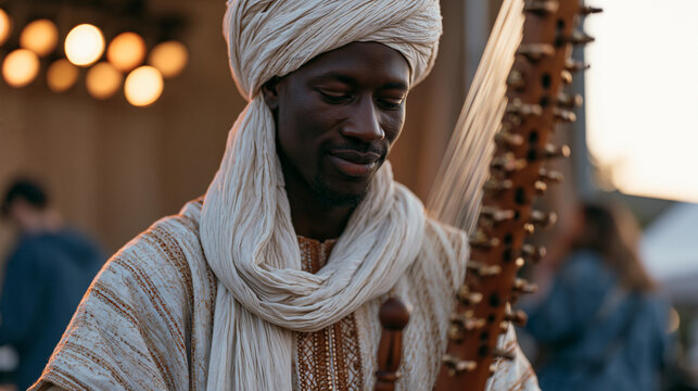 West African kora player tuning his instrument backstage at an autumn outdoor cultural festival, stage lights glowing behind a curtain, festival crew moving in the background,