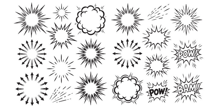 Set of black and white comic book style explosion and speech bubble burst icons