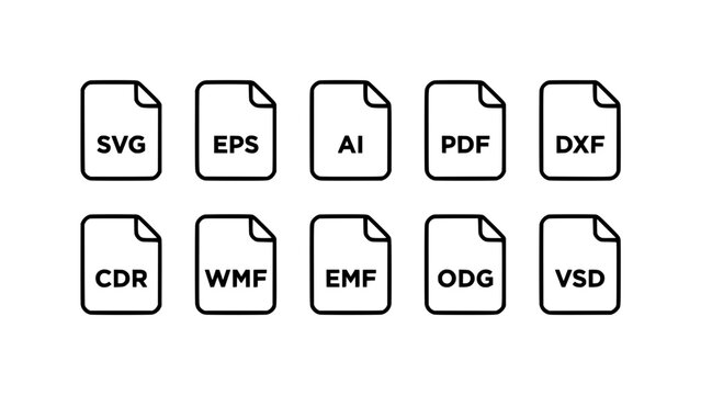 File Icons Representing Various Vector and Document Formats Arranged in Two Rows Featuring Svg, Eps, Ai with Pdf and Dxf Elements for Cdr, Wmf