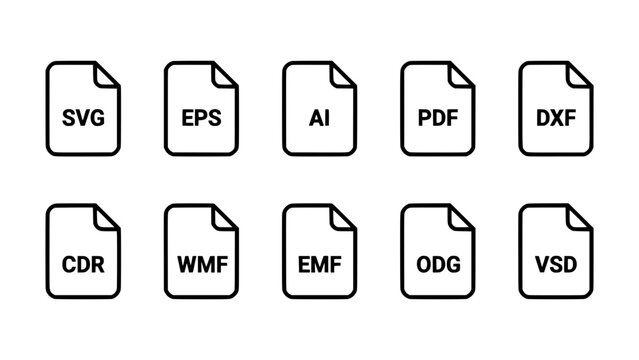 File Icons Representing Various Vector Graphic File Formats Arranged in Two Rows Featuring Svg, Eps, Ai with Pdf and Dxf Elements for Cdr, Wmf