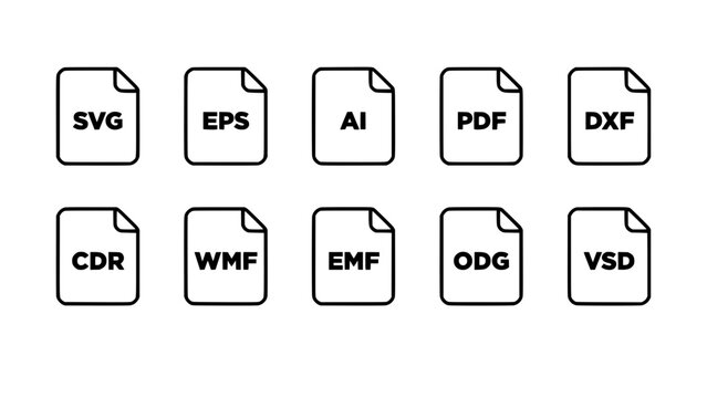 File Icons Representing Various Vector Graphic Formats Arranged in Two Rows Featuring Svg, Eps, Ai with Pdf and Dxf Elements for Cdr, Wmf Projects
