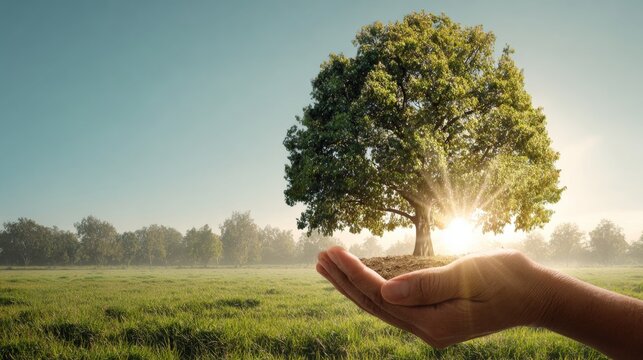 Clutching nature's beauty: a tree's journey begins. Visual balance. In caring hands, greenery flourishes under bright sunbeams. Design template. Print ready.