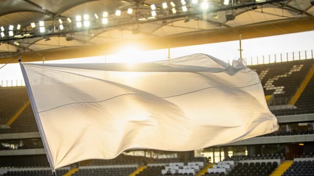 Billowing white fabric flag on pole fluttering across stadium, pushed by gusts and catching low sun